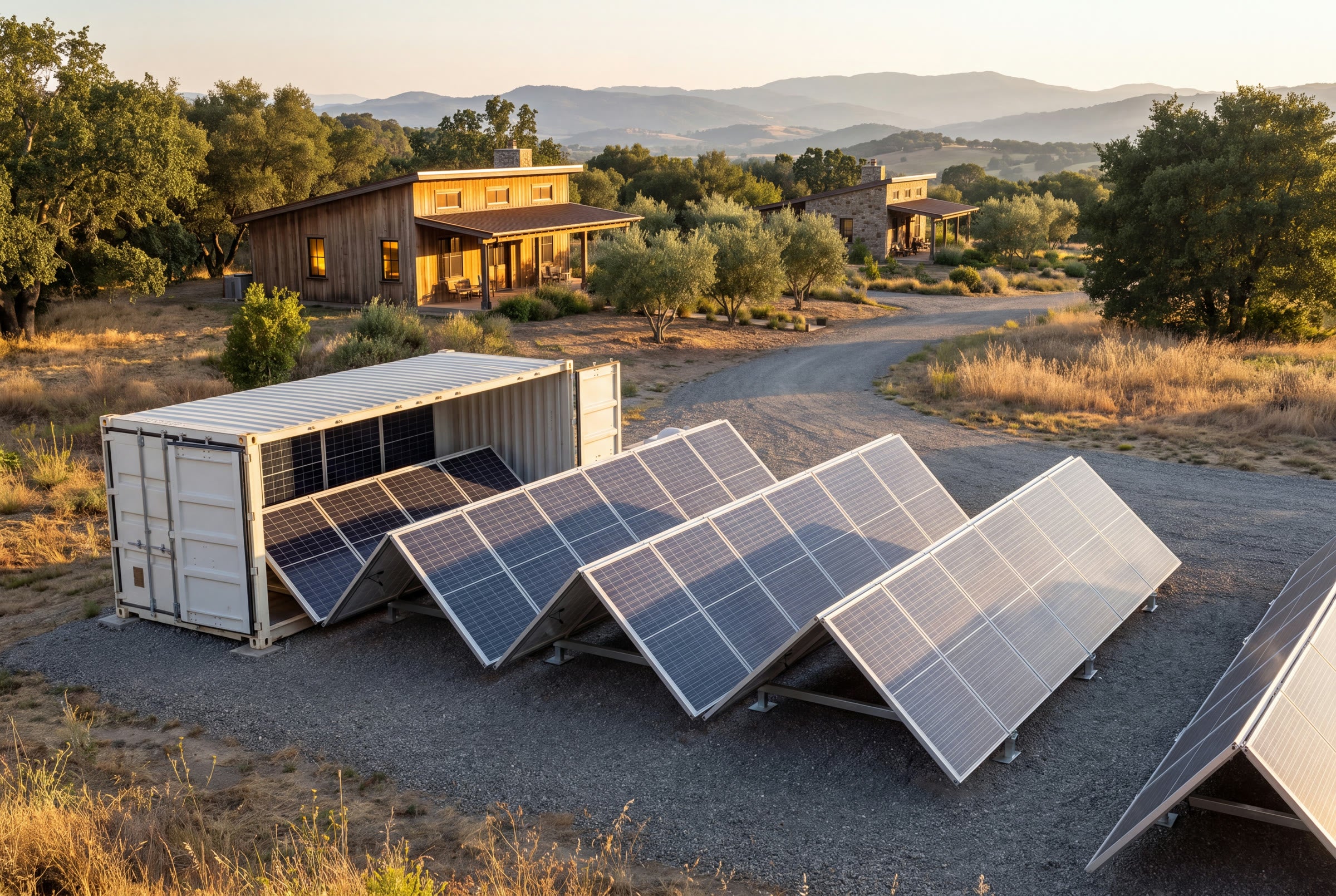 Illustrative rural lodge setting with solar infrastructure separated from guest areas
