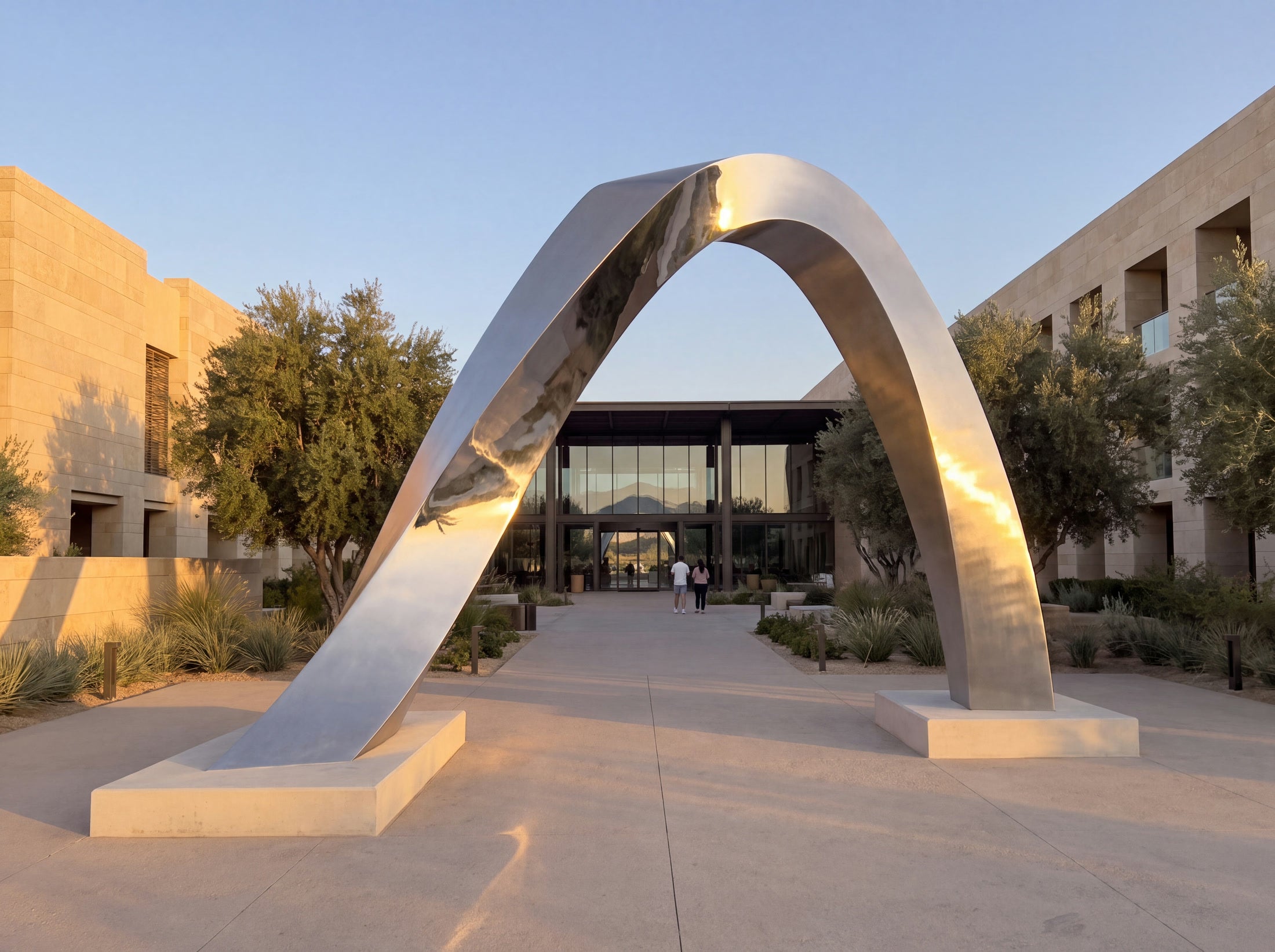 Monumental folded stainless steel portal design study framing a hospitality entrance