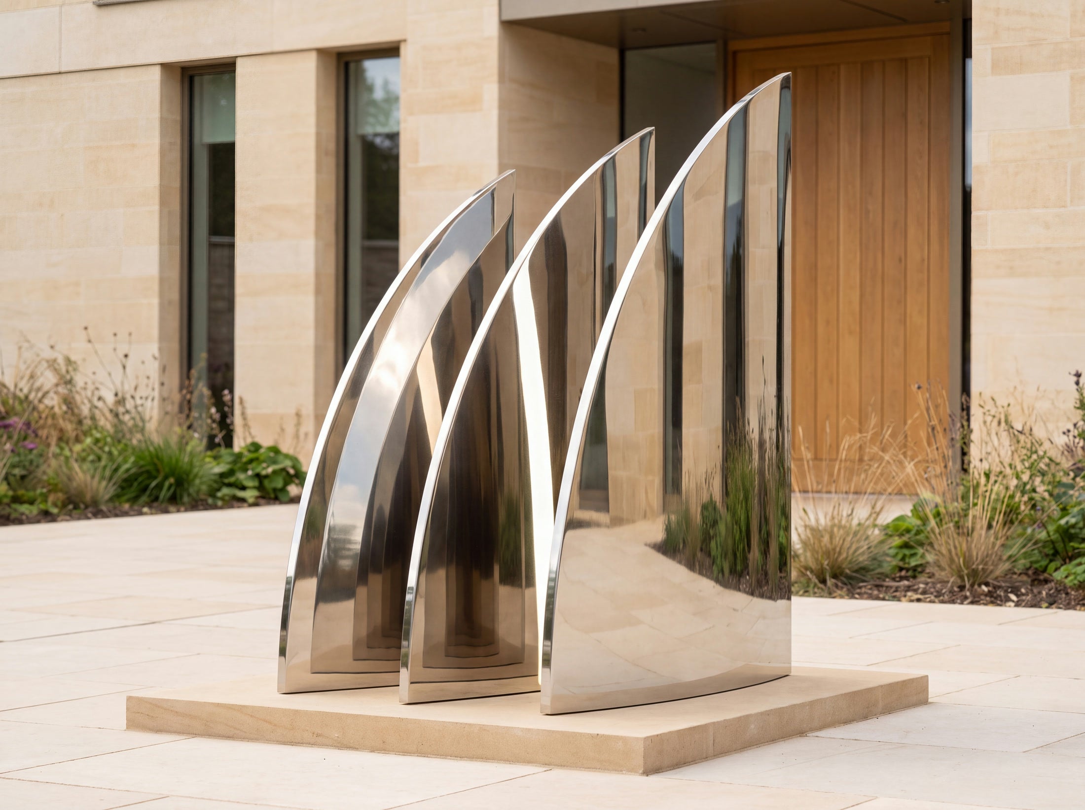Concept study of three mirrored fins at an architectural arrival