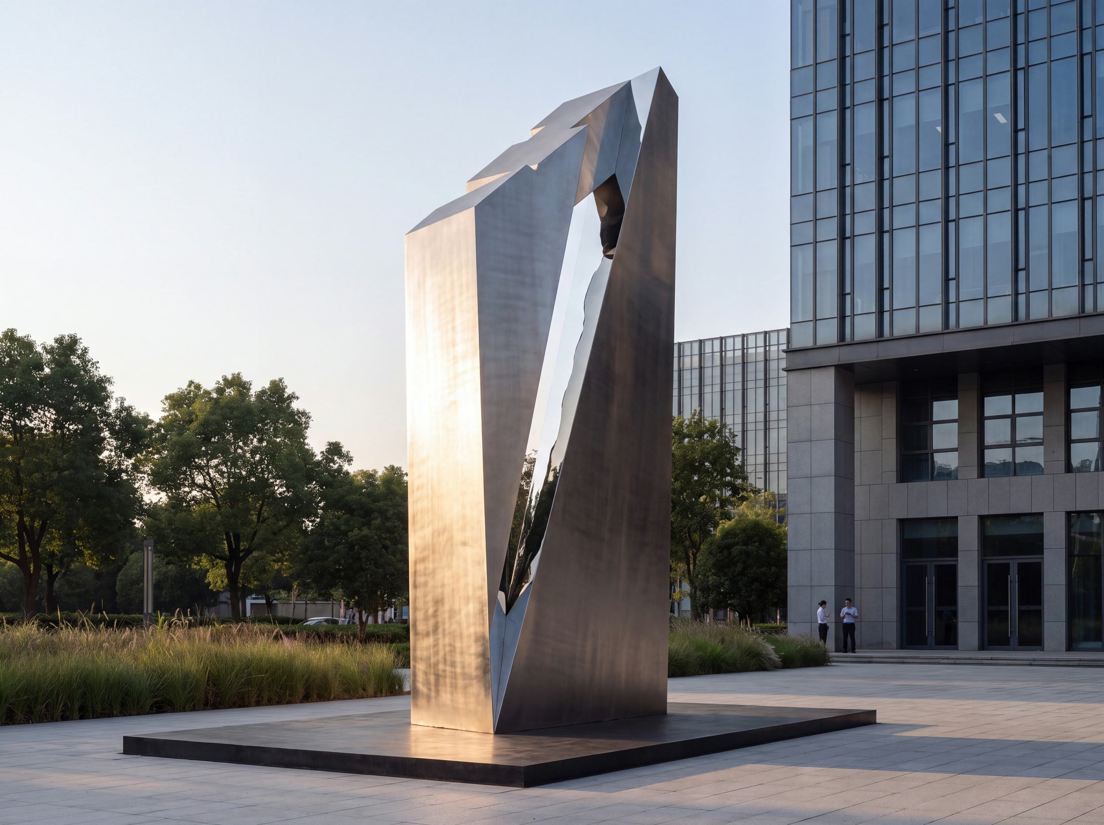 Tall split stainless steel monument design study with a reflective cleft at a commercial campus