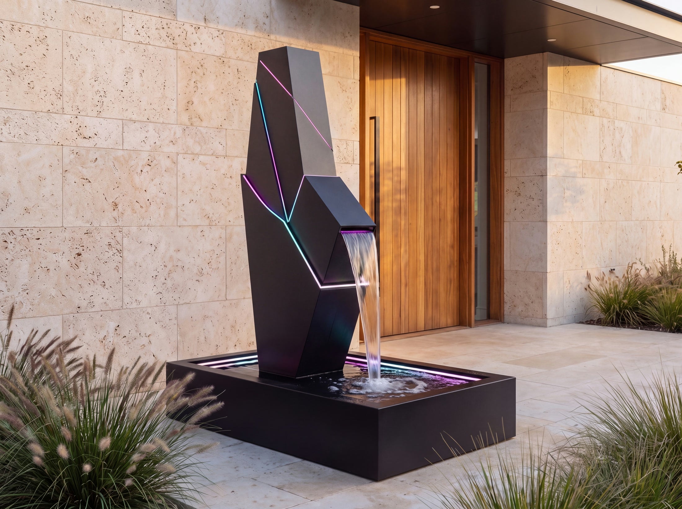 Full black faceted fountain and rectangular basin on a sunlit entrance terrace