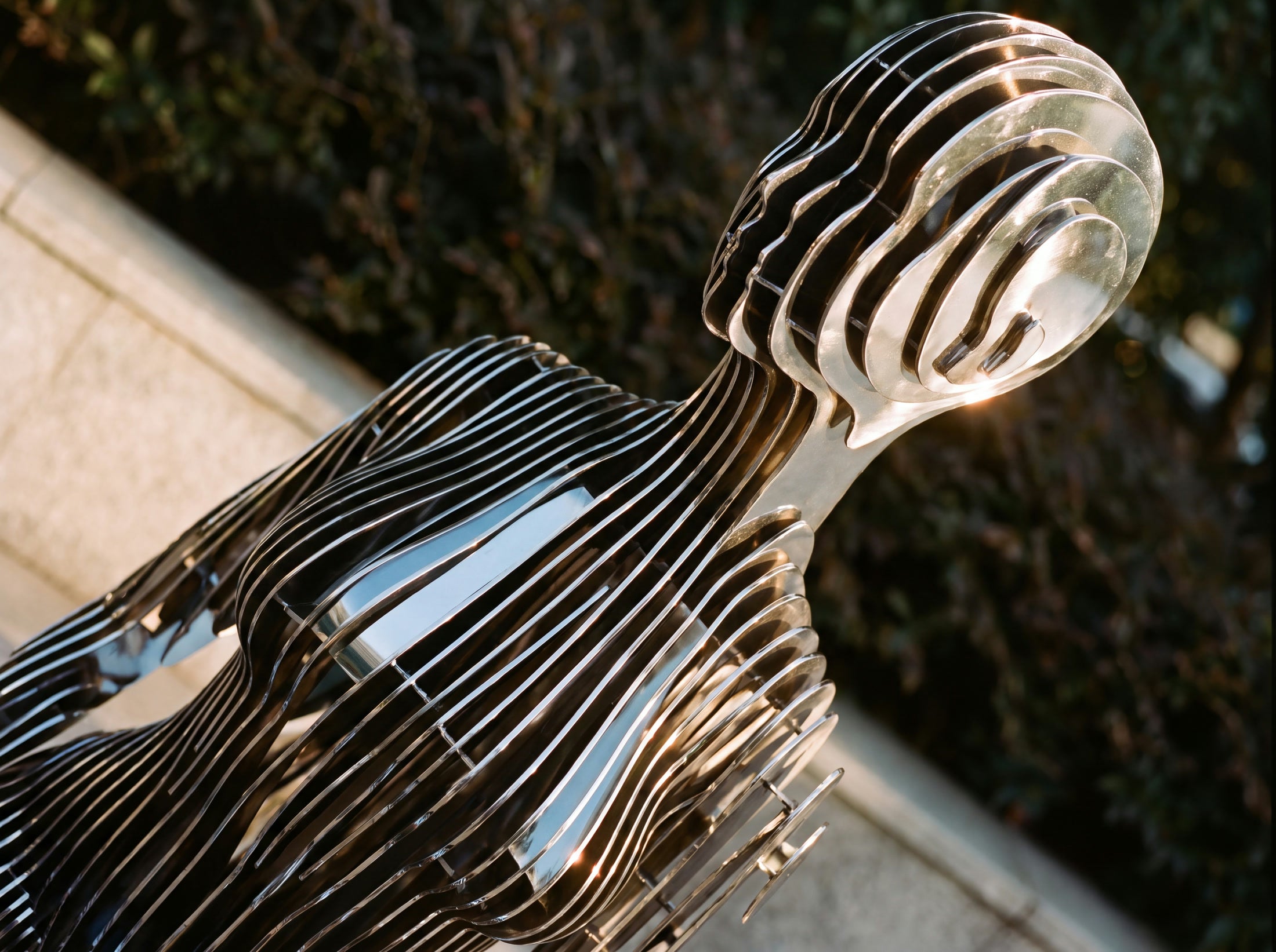 Elevated diagonal close view of the seated figure’s polished head, shoulder and open steel ribs