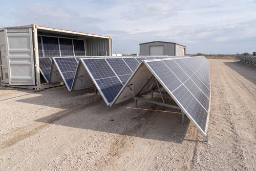 AI-generated product-family illustration of a folding solar container and connected panel frames; not the exact quoted configuration or a customer installation.