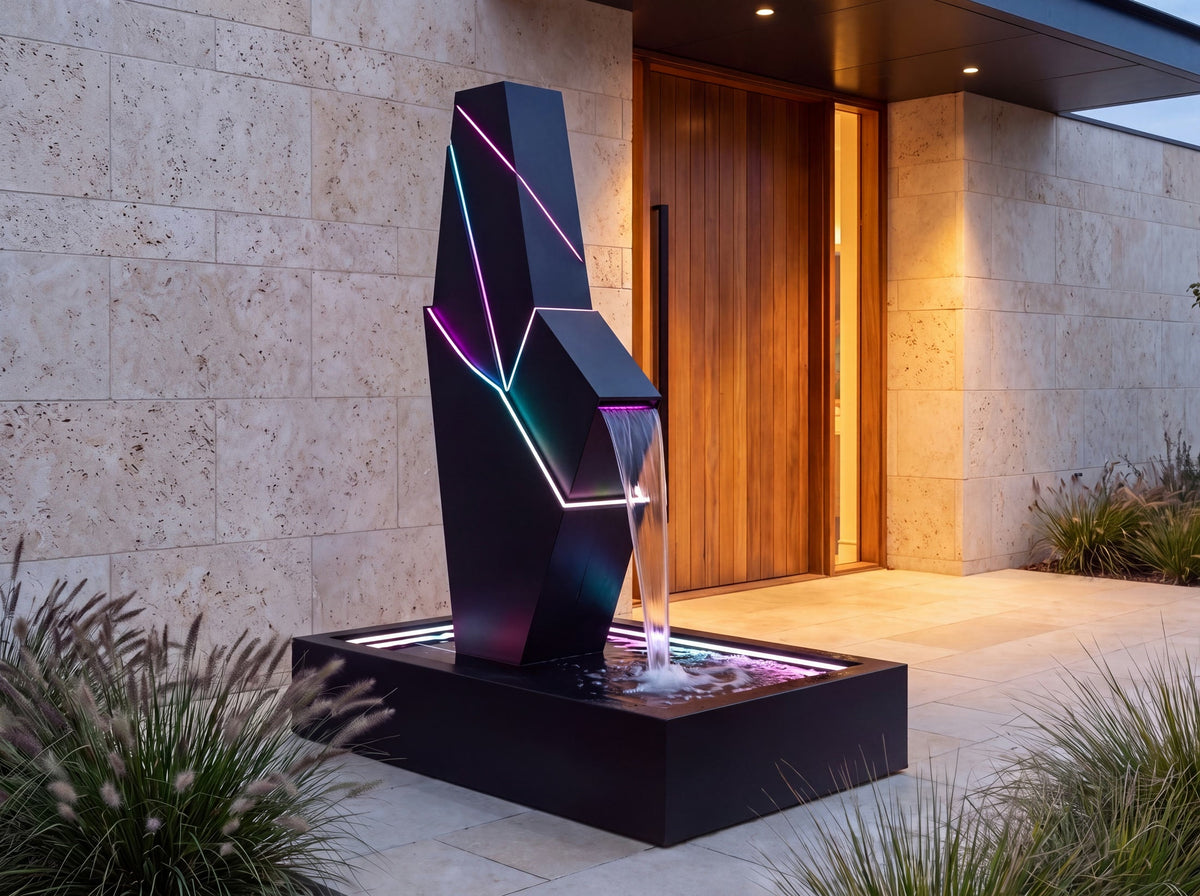 Black faceted fountain with illuminated seams and a waterfall returning into its rectangular basin on dry stone paving