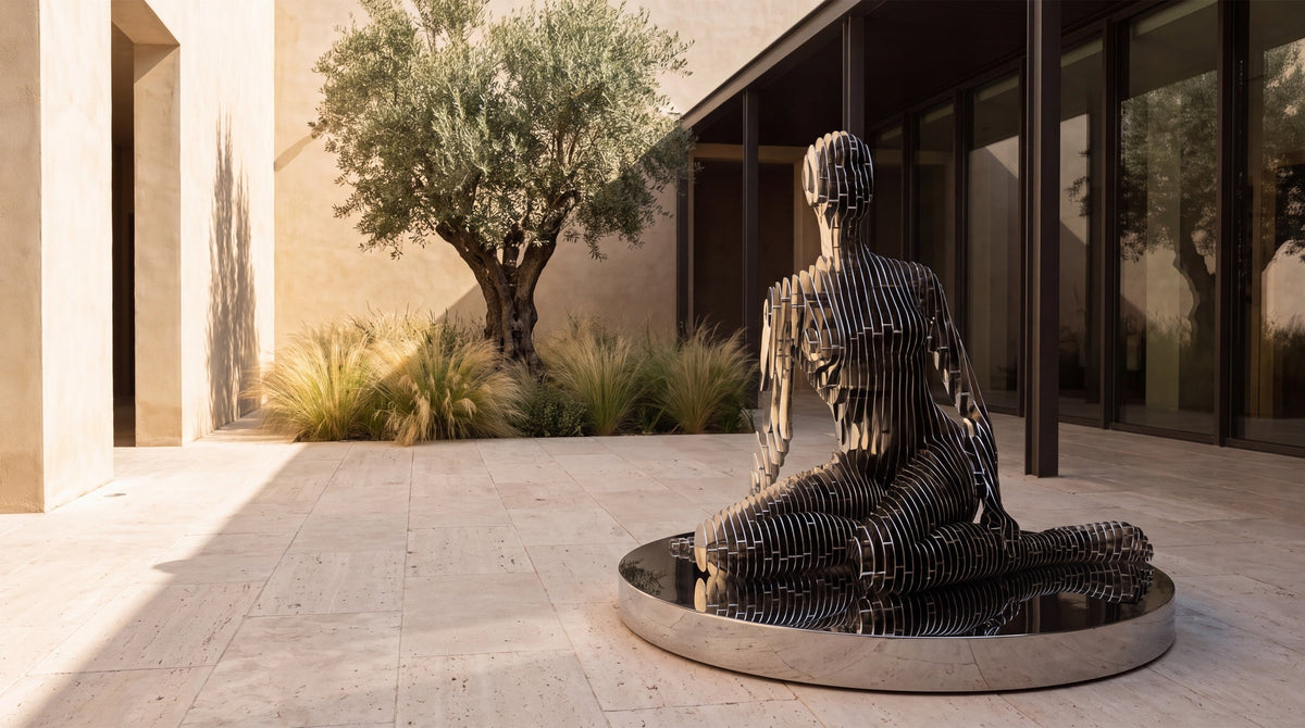 Openwork seated stainless steel figure on a round plinth in a courtyard