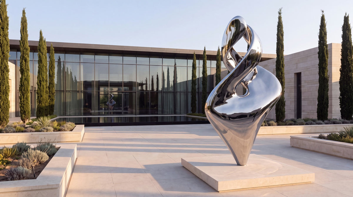 Bespoke mirrored stainless steel sculpture concept on a finished stone foundation in an architectural arrival court