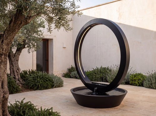Black circular fountain with a round basin in a planted courtyard