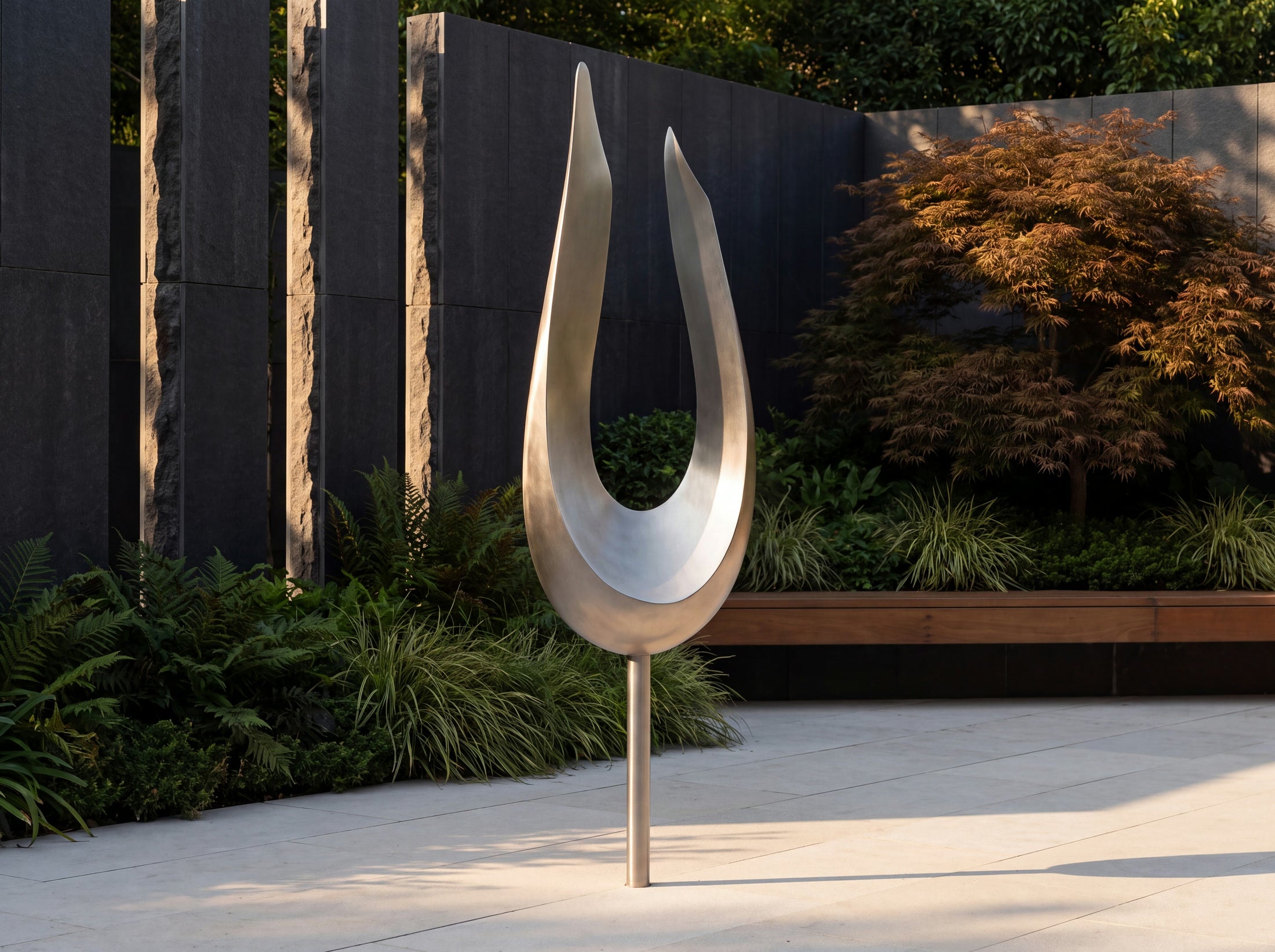 Brushed open-form sculpture illustrated beside garden planting