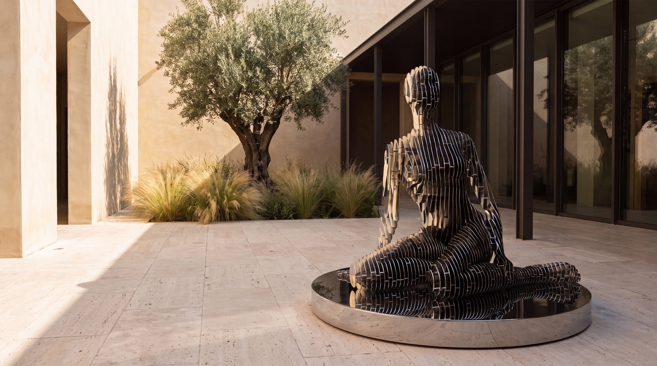 Seated figure made from spaced polished stainless steel ribs