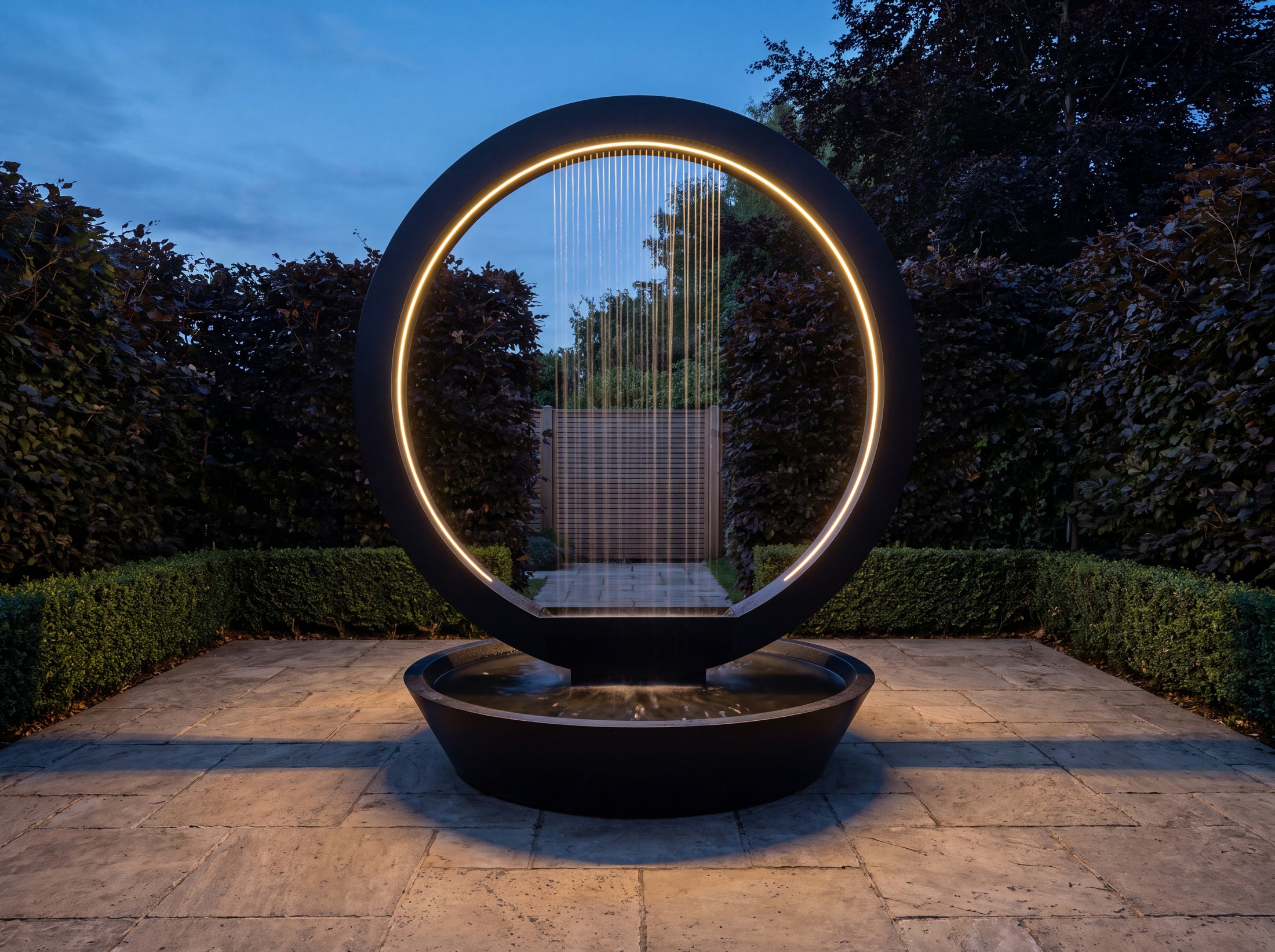 Circular sculptural fountain with illuminated falling water, illustrated in a garden at dusk