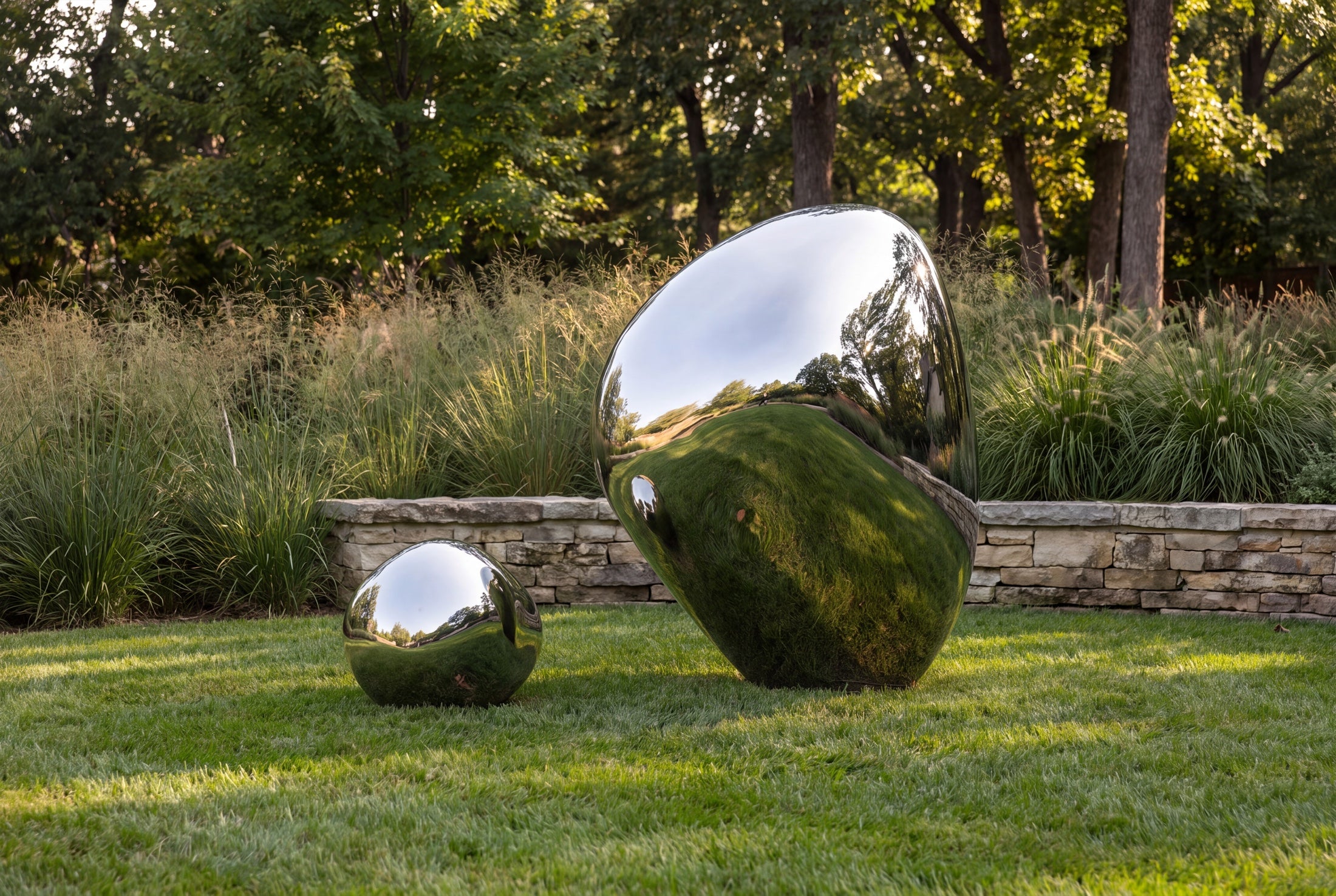 Two asymmetric mirror-polished stainless steel stone forms, one upright and one low, in a garden
